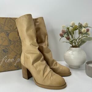 Free People Elle Leather Slouch Block Heel Boot Sand Women EU 37/7 Tried On